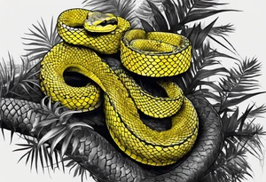 Black and grey realistic yellow blotched pit viper snake with rainforest background on forearm. I want the snake to look aggressive with mouth open showing fangs tattoo idea