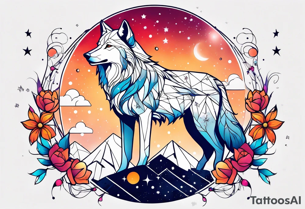 Constellation, animal wolf snow , géométric , flower tattoo idea
