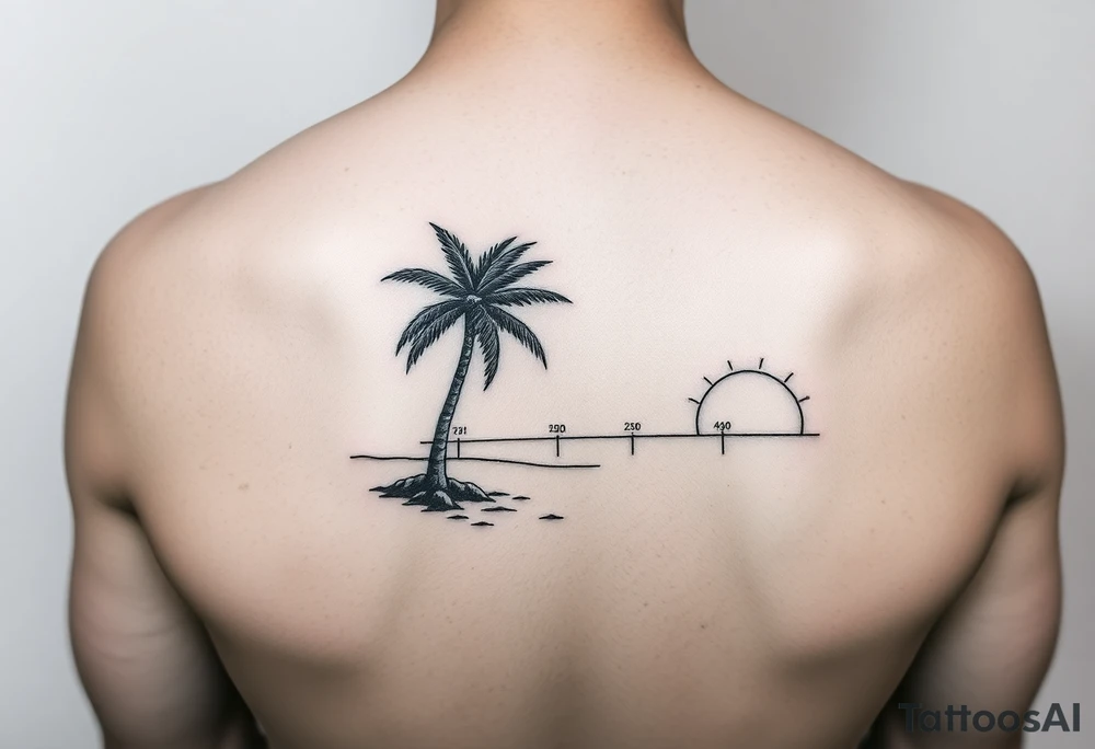 palm tree, beach, sun, timeline on arm tattoo idea