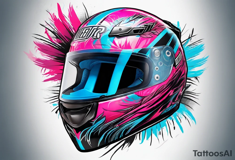 formula 1 helment with a palm three and black light blue and pink colors tattoo idea