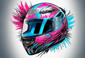 formula 1 helment with a palm three and black light blue and pink colors tattoo idea