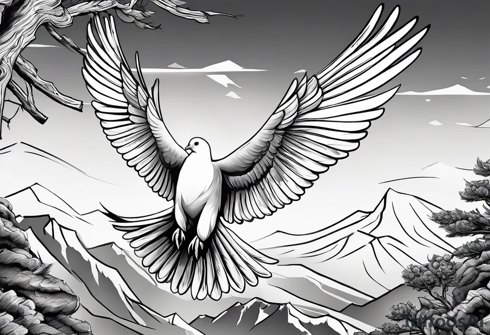 White Dove Perched on a tree branch at the top of the mountain with an eagle soaring overhead tattoo idea