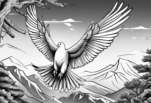 White Dove Perched on a tree branch at the top of the mountain with an eagle soaring overhead tattoo idea