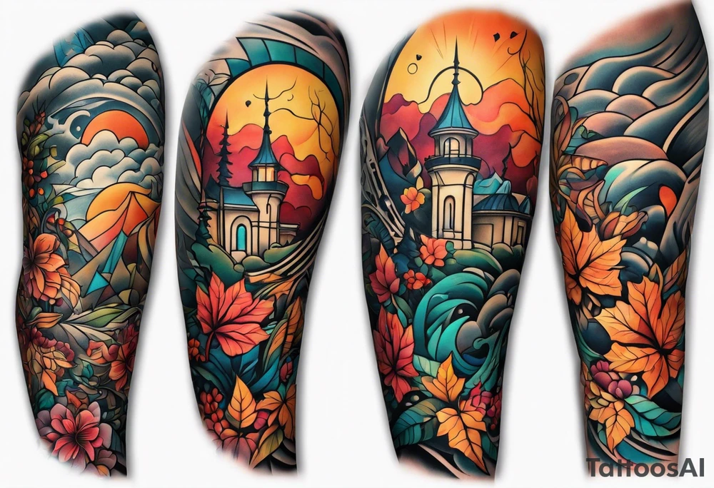 Full arm sleeve with fall colors and shapes tattoo idea