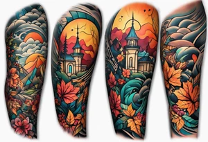 Full arm sleeve with fall colors and shapes tattoo idea
