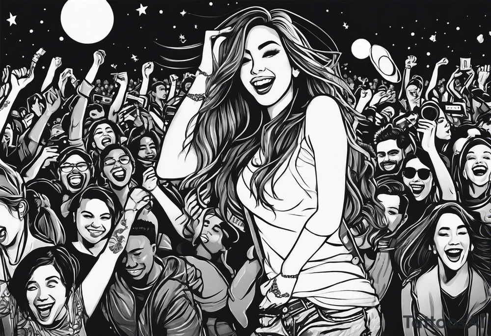 A girl at a night-time concert in the crowd smiling and dancing. tattoo idea