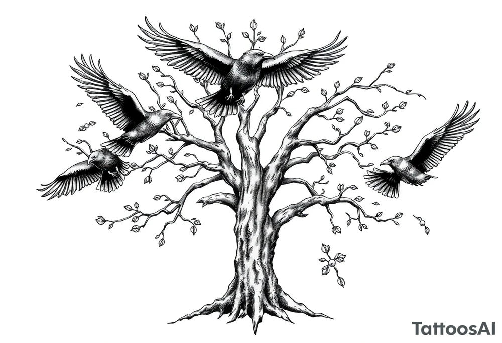 Irish family tree with 3 flying ravens tattoo idea