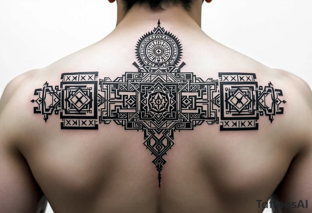 A Sak Yant tattoo is a sacred hand-poked design composed of precise geometric shapes, rows of ancient script, and symbolic imagery such as tigers, Hanuman, or temples, all meticulously arranged to channel protection, strength, and spiritual energy. tattoo idea