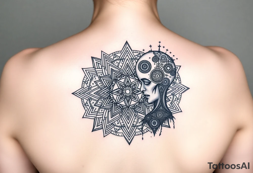 intricate mandala with sacred geometry and cosmic elements and a guy in an electric with very large head tattoo idea