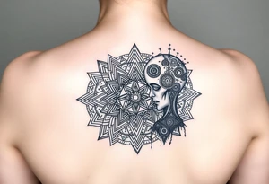 intricate mandala with sacred geometry and cosmic elements and a guy in an electric with very large head tattoo idea