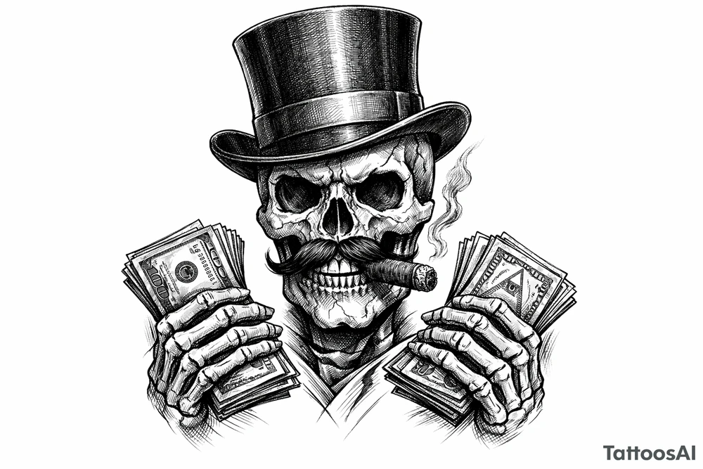 skull with mustache,top-hat,cigar in his mouth,money in both hands. tattoo idea