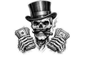 skull with mustache,top-hat,cigar in his mouth,money in both hands. tattoo idea