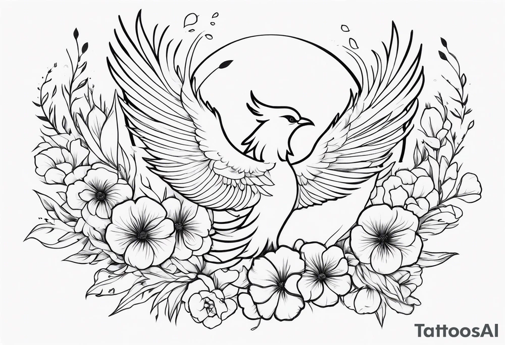 A phoenix surrounded by blooming flowers tattoo idea