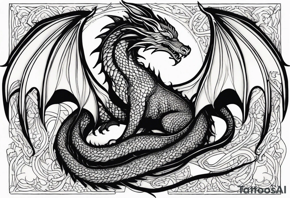 Mother dragon protecting 3 young dragons wings spread tattoo idea