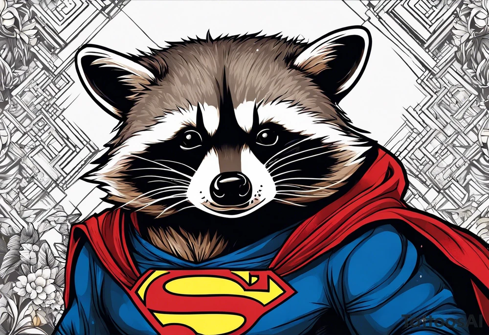 raccoon wearing a Superman hoodie tattoo idea