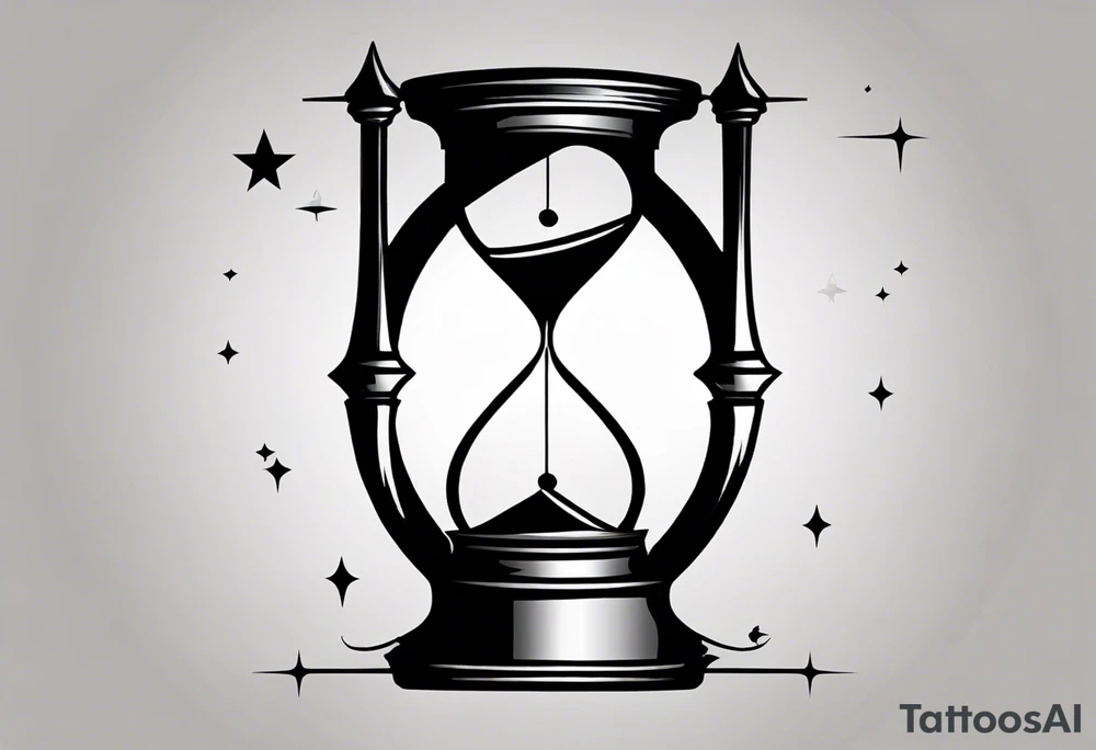 I want a tattoo-inspired design for a t-shirt that features a bold and detailed hourglass with a hand clock in the center, using Amazigh numerals for the clock numbers. The hourglass should have a strong, shaded look, with sharp lines resembling tattoo art. Planets and stars should orbit around the hourglass, giving it a cosmic and timeless feel. The design should be intricate, focusing on the flow of time and the universe, with the planets adding depth and movement. The overall aesthetic should be bold and detailed, in a blackwork tattoo style, without any flowers."black and whit design tattoo idea