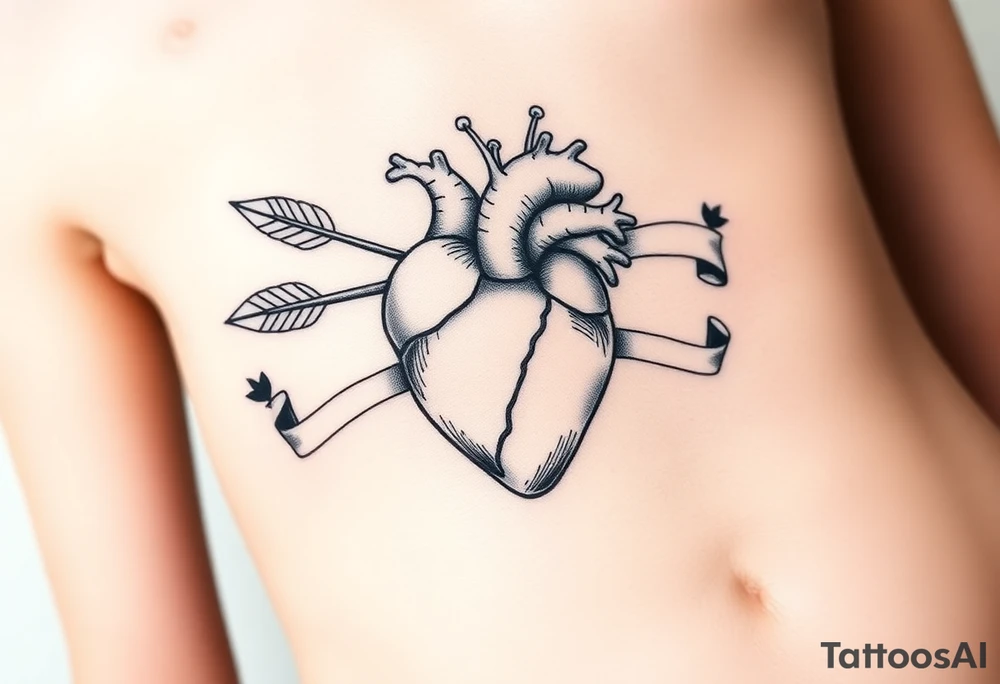 anatomical heart pierced by ornate arrow with flowing ribbons tattoo idea