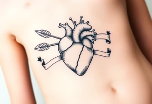 anatomical heart pierced by ornate arrow with flowing ribbons tattoo idea