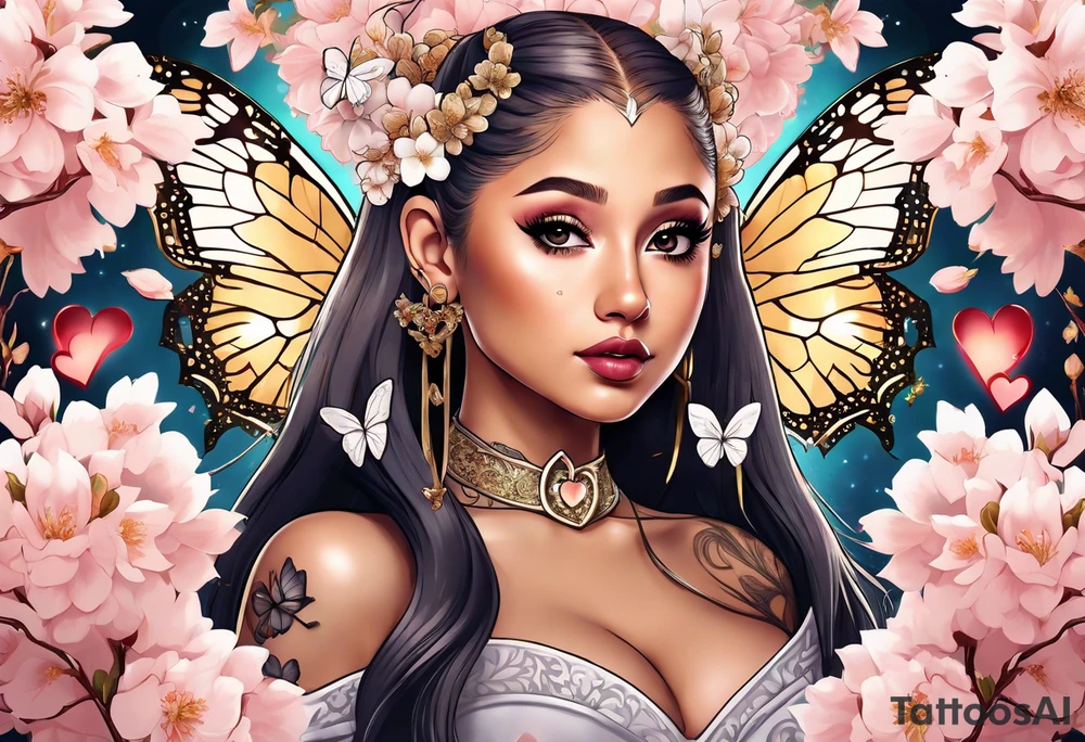 Ariana Grande surrounded in a golden aura with cherry blossoms and white butterflies with a key that unlocks a heart tattoo idea