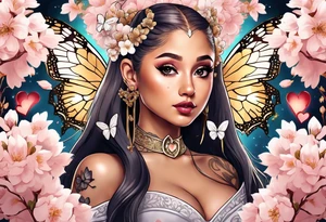 Ariana Grande surrounded in a golden aura with cherry blossoms and white butterflies with a key that unlocks a heart tattoo idea