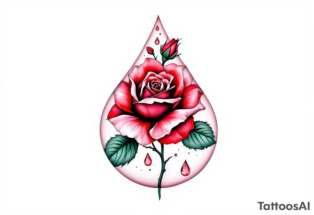 A teardrop shape containing a detailed red rose, with dark green leaves and a few drops of water falling from the petals, representing love, loss, and growth. The rose should have deep red hues, with vibrant green accents in the leaves and gentle shading for depth. tattoo idea
