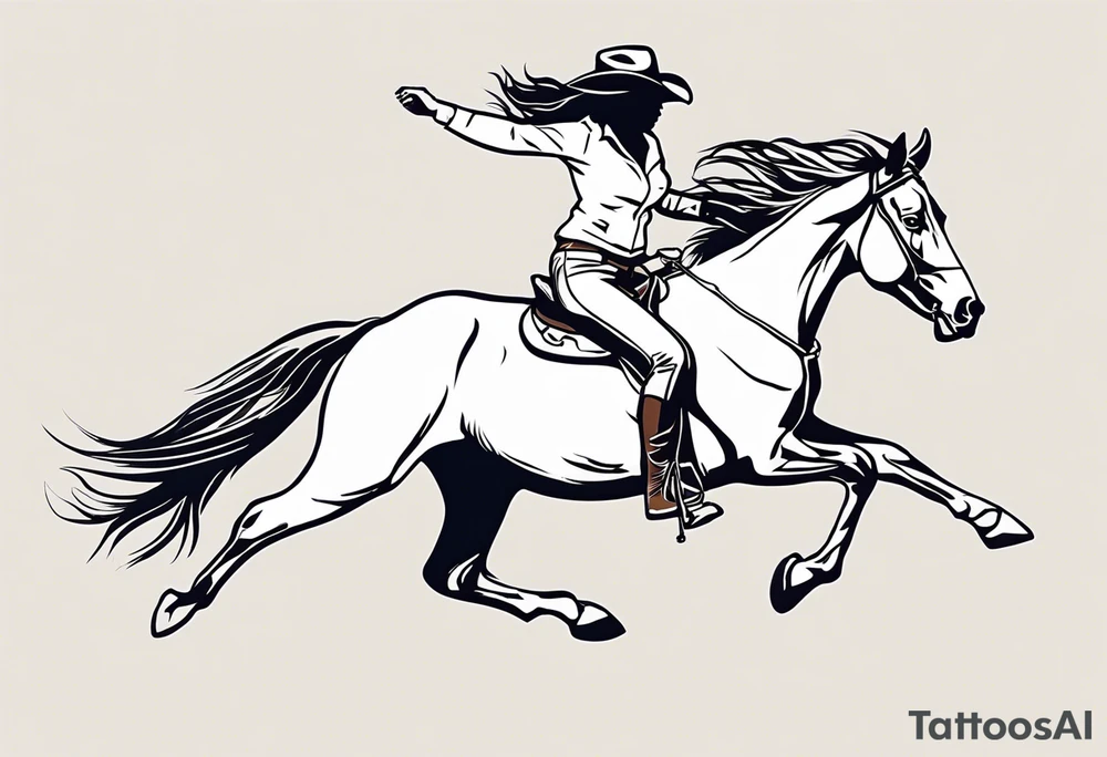 cowgirl with long hair on the back of wild black stallion that is rearing up on hind legs trying to buck her off tattoo idea