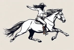 cowgirl with long hair on the back of wild black stallion that is rearing up on hind legs trying to buck her off tattoo idea