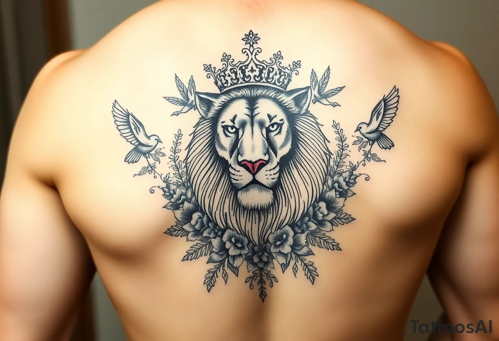 powerful majestic lion with a crown, surrounded by floral ornaments and birds tattoo idea