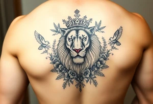 powerful majestic lion with a crown, surrounded by floral ornaments and birds tattoo idea