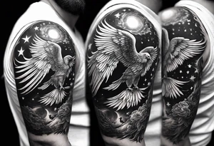 A full sleve tatoo on my right arm

A phoenix over my shoulder with an angel slying through the stars and witches in the image as well

Smoke and cosmic imagery tattoo idea