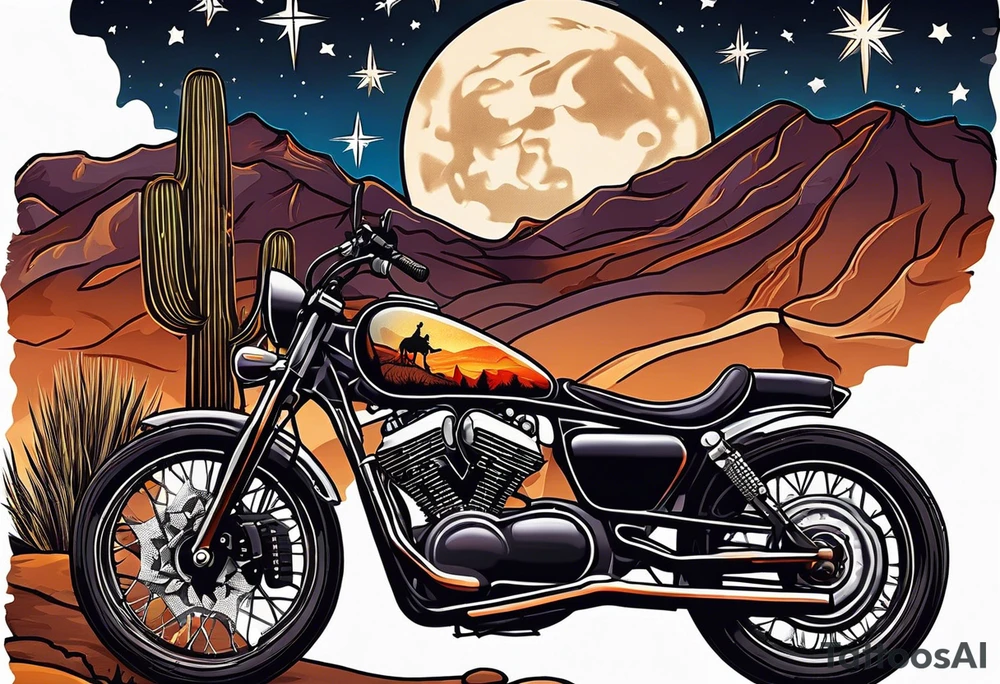 Guitar by a campfire with a desert landscape and motorcycle silhouette and a half moon and stars tattoo idea