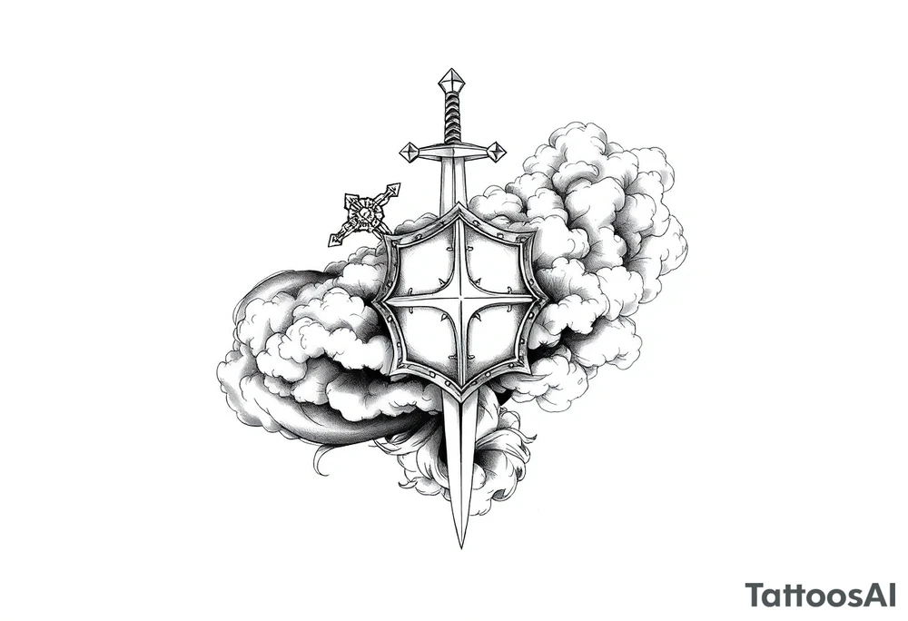 clouds, sword, shield, cross tattoo idea