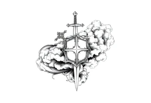 clouds, sword, shield, cross tattoo idea