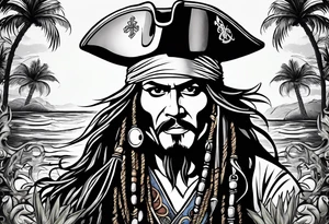mickey mouse as captain jack sparrow with palm trees and celtic symbol for family tattoo idea