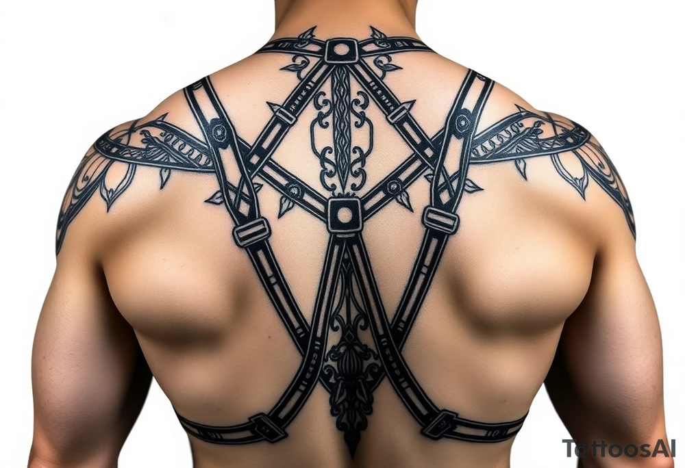 i want a tattoo that goes from the front to the back and and is similar to a harness. with connecting from my pecs to the back and also to my arms so they would be like the straps. i want to see the front and the back. i want it to be styled (the straps) like asian samoan type of pattern. please show the front tattoo idea