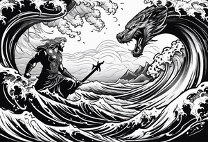 Thor fighting the world serpent in the ocean in a typhoon tattoo idea