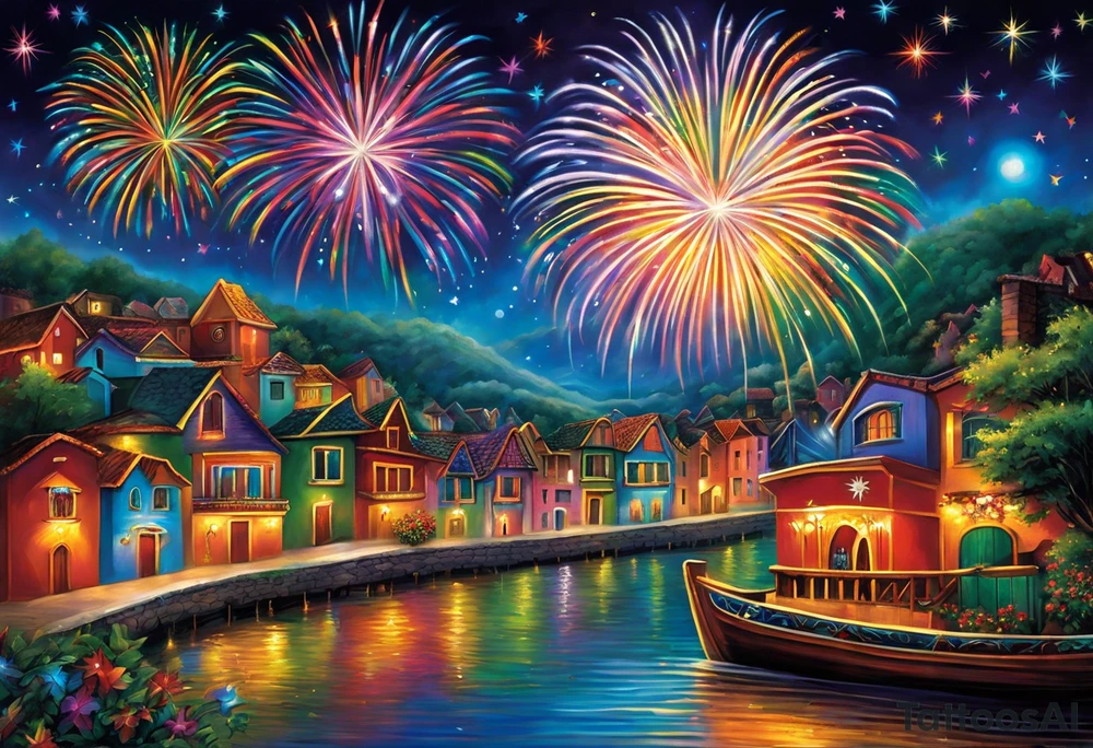 Fireworks burst across the night sky, surrounded by glowing candles and stars, capturing the magic and nostalgia of Colombian December nights. The scene is vibrant with multi-colored lights and an air of celebration. Soft linework mist or halos around the fireworks adds a magical, dreamy quality to the scene. The tattoo reflects joy and tradition, with an emphasis on warmth and festivity. tattoo idea