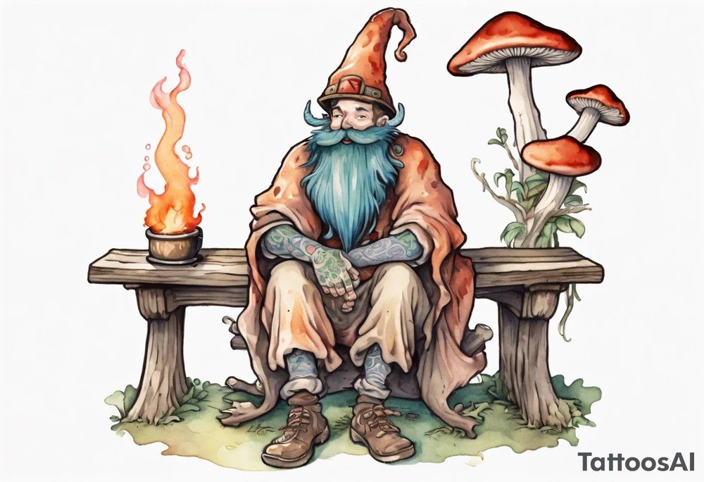 a myconid with a long beard wearing a mushroom hat and medieval tunic sitting on a bench by a fireplace drinking from a wood cup, smiling tattoo idea