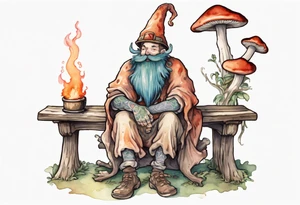 a myconid with a long beard wearing a mushroom hat and medieval tunic sitting on a bench by a fireplace drinking from a wood cup, smiling tattoo idea