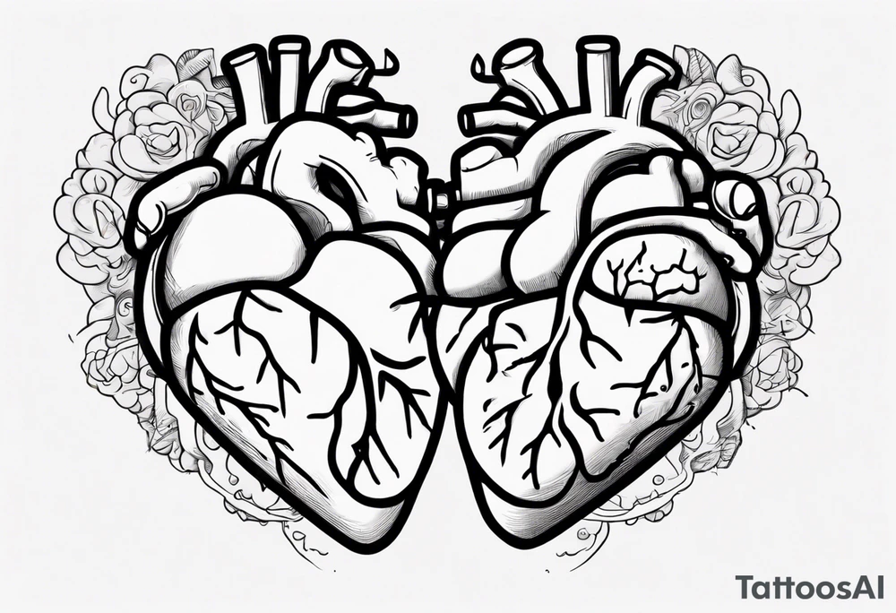 Heart and brain in line art, held down by a woman's hand holding them by string tattoo idea
