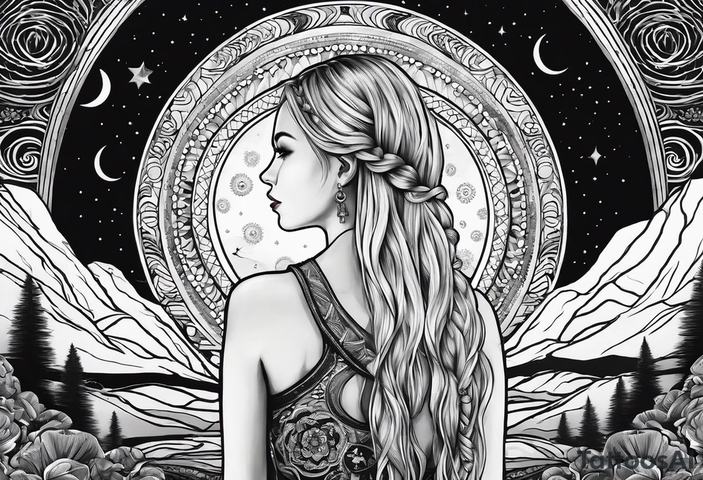 Straight blonde hair girl facing away toward mountains surrounded by mushrooms crescent moon mandala circular design black and white striped dress "8" braided into hair tattoo idea