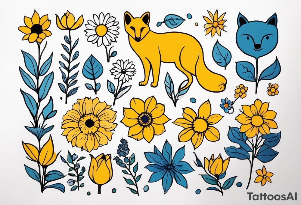 It will be a matching tattoo for 4 women. Our favorite flowers are yellow roses, lillies, blue daisies, and dahlias. Our favorite animals are koala, cat, turtle, and fox. tattoo idea