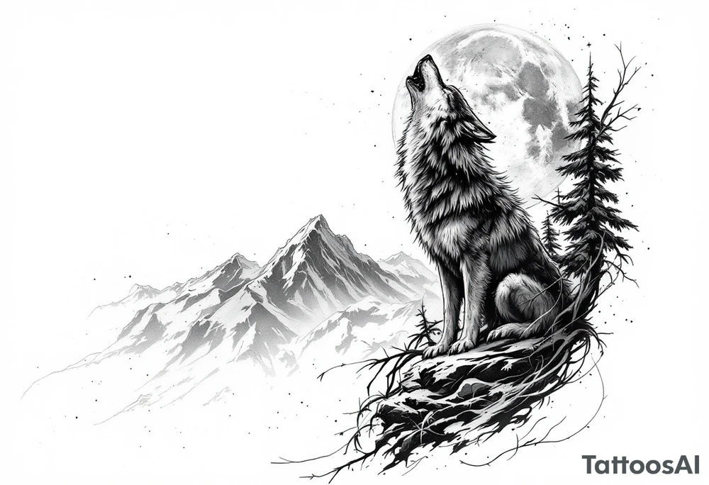 lone wolf howling at full moon with northern lights backdrop tattoo idea