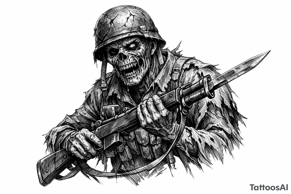 Zombie soldier in tattered uniform, clutching a rifle, bayonet fixed. tattoo idea