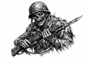 Zombie soldier in tattered uniform, clutching a rifle, bayonet fixed. tattoo idea