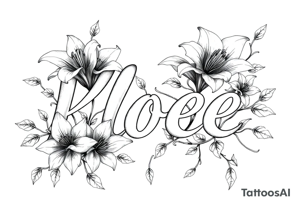 The word Kloee surrounded by big
lilies with the vines in letters tattoo idea