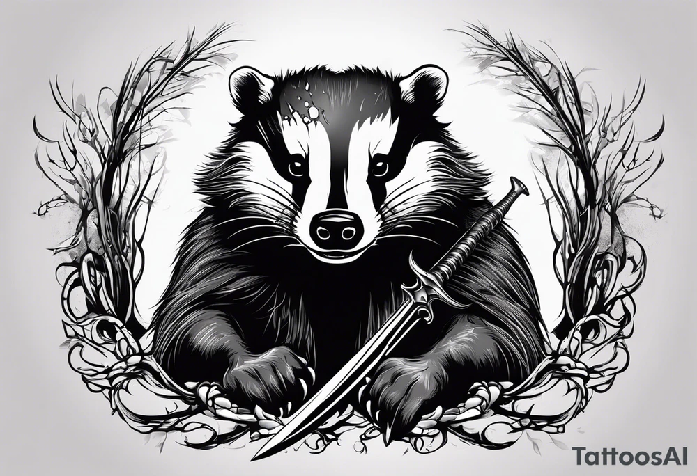Draw me hunting badger with aggressive full body, killer face with a smile, very long nails and he attacks like a bloody gladiator to enemy and also he has very deadly looking. The only weapon is his braveness he fights with his nails. Everybody scares after their first sight. And horror type Badger this is. tattoo idea