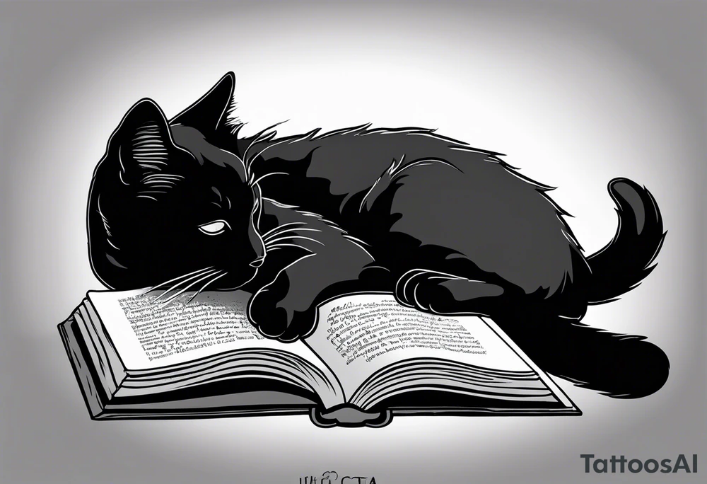 black sillhouette cat sleeping with a book sleeve tattoo tattoo idea