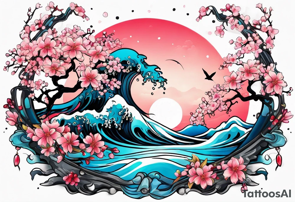 Neptune planet  with cherry blossom tattoo idea