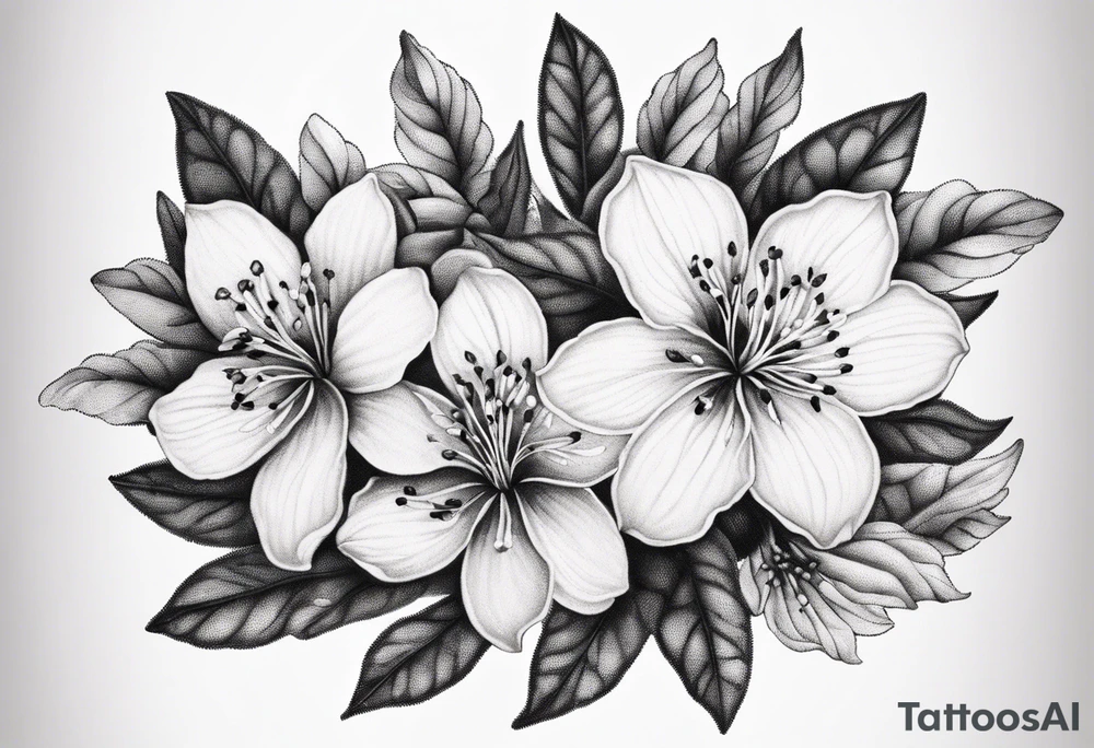 5-petal Azaleas, buds, leaves; curved design tattoo idea